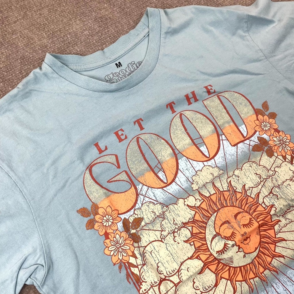 Goodie Two Sleeves T Shirt Mens Medium Blue Let The Good Vibes‎ Roll Sun Moon